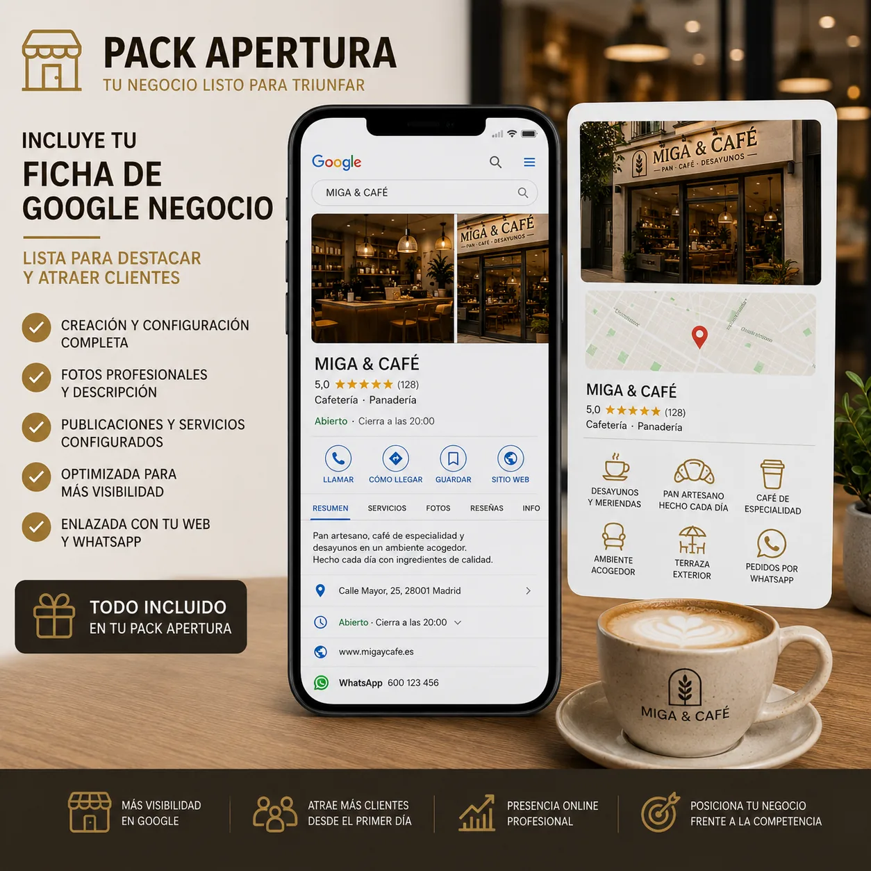 Mockup de ficha de Google Negocio configurada, incluida en el Pack Apertura