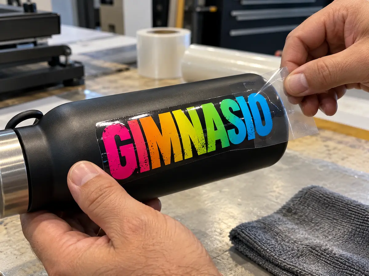 Manos despegando el film de un adhesivo DTF UV de colores con la palabra GIMNASIO sobre una botella metálica negra