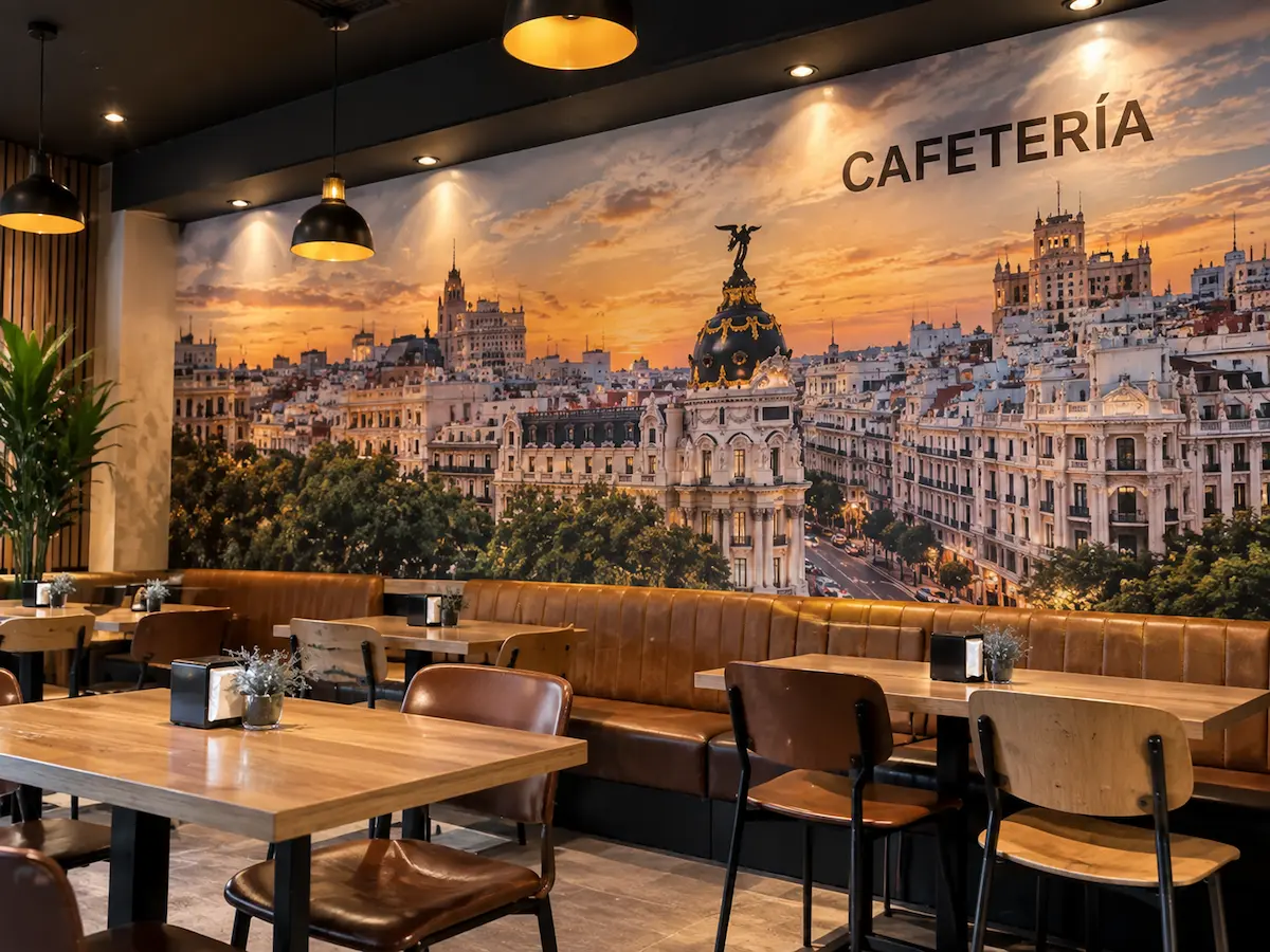 Pared de una cafetería decorada con un fotomural a todo color de un atardecer sobre los edificios de Madrid, con la palabra CAFETERÍA en la parte superior
