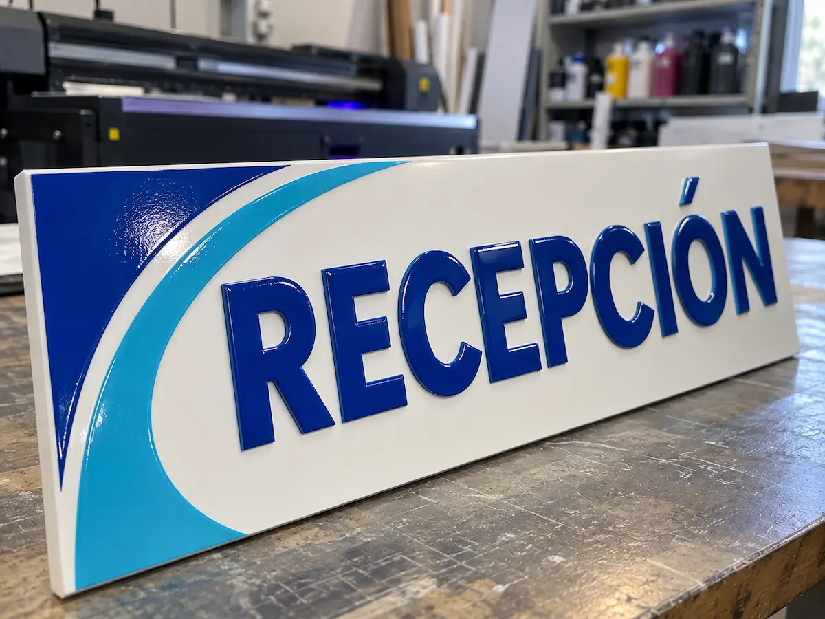 Placa rígida blanca con la palabra RECEPCIÓN impresa en azul con relieve de tinta, delante de una impresora UV plana en el taller