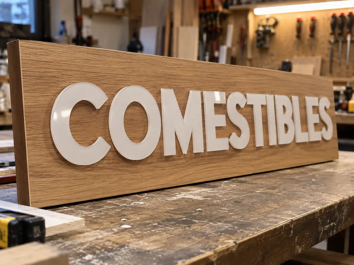 Letrero de madera con la palabra COMESTIBLES formada por letras de metacrilato blanco cortadas con láser CO2, sobre un banco de taller