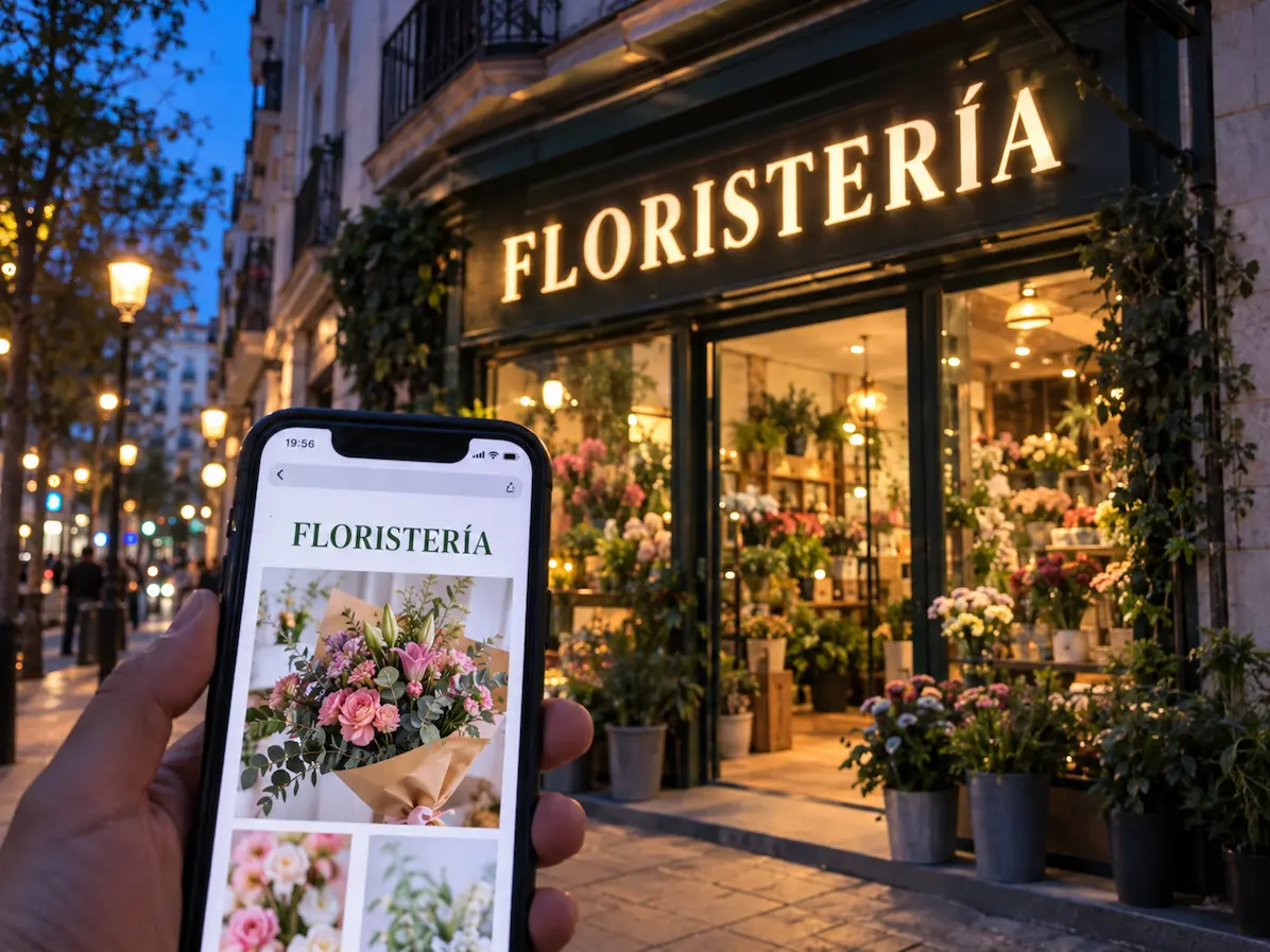 Mano sosteniendo un móvil con la web de una floristería frente a su fachada, con el rótulo luminoso FLORISTERÍA encendido en hora azul
