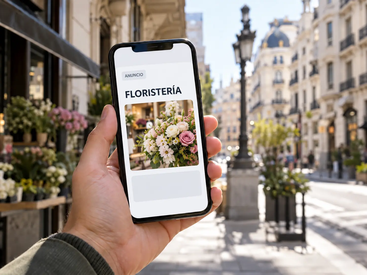 Móvil mostrando un anuncio de Google Ads de una floristería con foto de producto, sujeto en una calle de Madrid