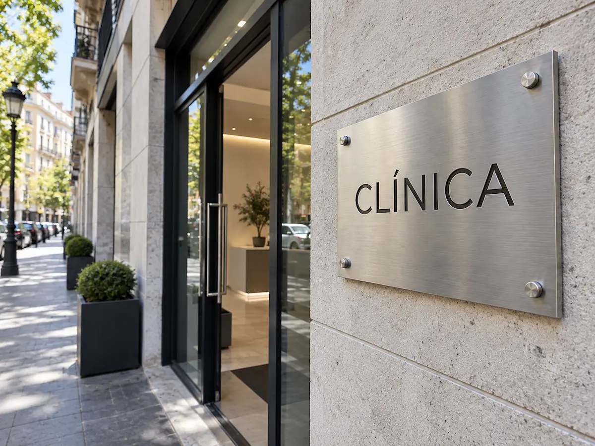 Placa de acero cepillado con la palabra CLÍNICA grabada con láser de fibra, fijada con separadores a la pared de piedra junto a la entrada de un comercio