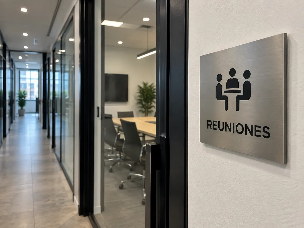 Placa de señalización interior en metal cepillado con pictograma de reunión y la palabra REUNIONES, junto a una sala de reuniones acristalada