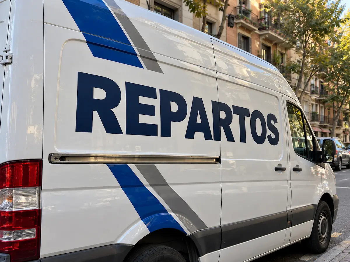 Furgoneta blanca con vinilo azul y gris adaptado a las curvas de la carrocería y la palabra REPARTOS en el lateral, aparcada en una calle de Madrid
