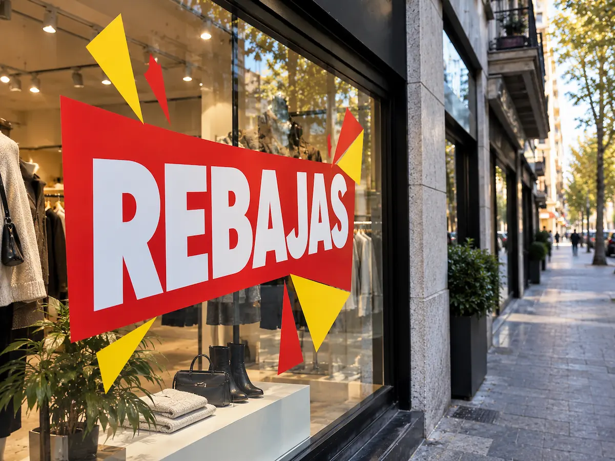 Escaparate de una tienda de ropa con vinilo rojo y amarillo de promoción con la palabra REBAJAS pegado en el cristal