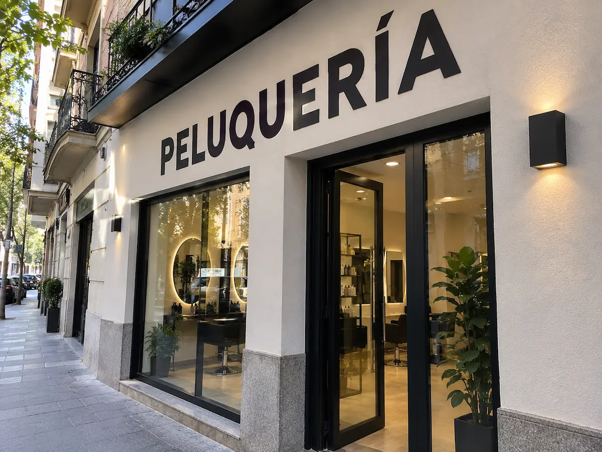 Fachada de una peluquería en Madrid con la palabra PELUQUERÍA en letras de vinilo negro sobre la pared, encima del escaparate y la puerta