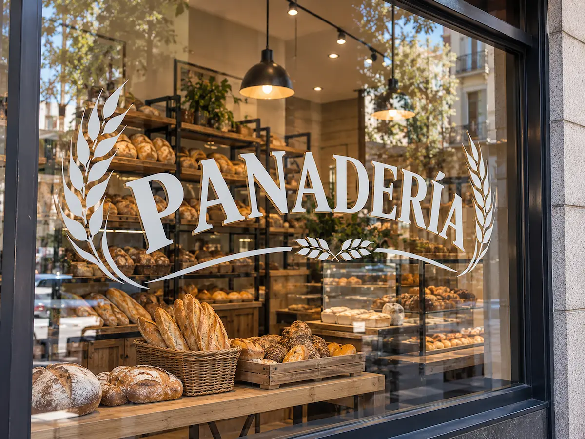 Escaparate de una panadería con vinilo transparente impreso con la palabra PANADERÍA y espigas de trigo, que deja ver el pan del interior